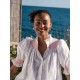 Scholl Women's Summer Blouse White with Coral Hand Smocking